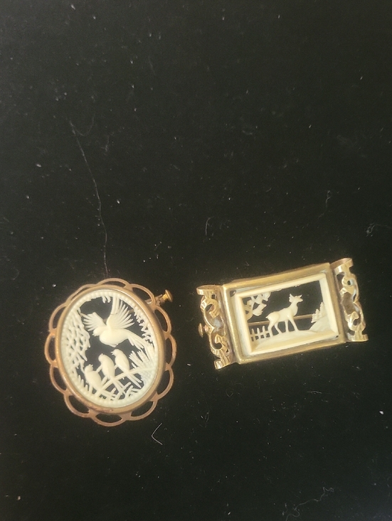 Jewelry - Gold-Tone Carved Bone Cameo Brooches - Bird and Deer Designs